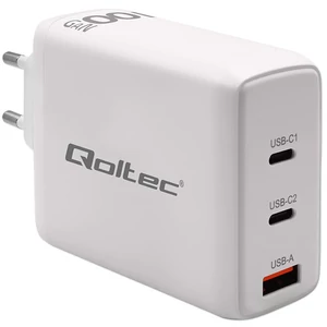 Qoltec GaN 100W töltő fehér színben, 3 porttal
