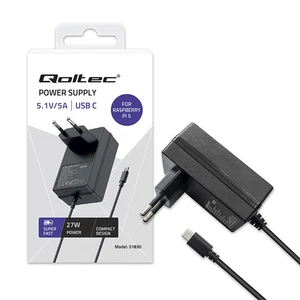 Qoltec szuper gyors PD töltő Raspberry PI 5-hez fekete színben