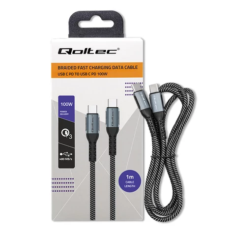 Qoltec USB 2.0 C kábel fekete színben, 1m hosszú