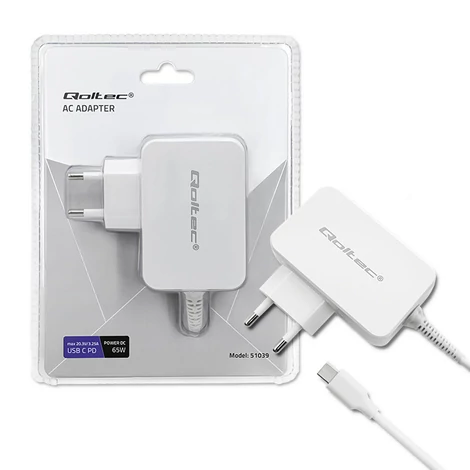 Qoltec 65W USB-C töltő fehér színben