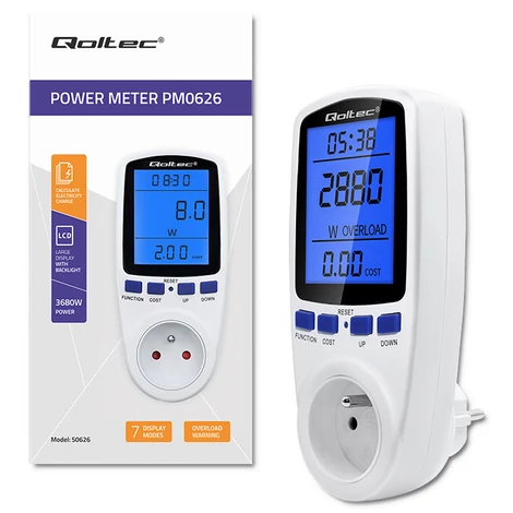 Qoltec Teljesítménymérő PM0626 LCD kijelzővel