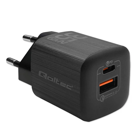 Qoltec GaN ULTRA 35W töltő | 5-20V | 2.25-3A | 1 x USB type C PD | 1x USB QC 3.0 | Fekete