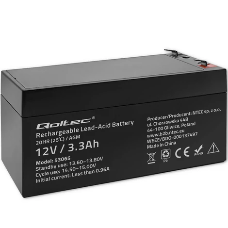 Qoltec 12V 3.3Ah AGM akkumulátor fekete színben