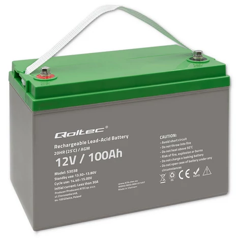 Qoltec 12V 100Ah AGM akkumulátor szürke és zöld színben