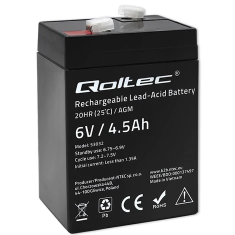 Qoltec 6V 4.5Ah AGM akkumulátor fekete színben