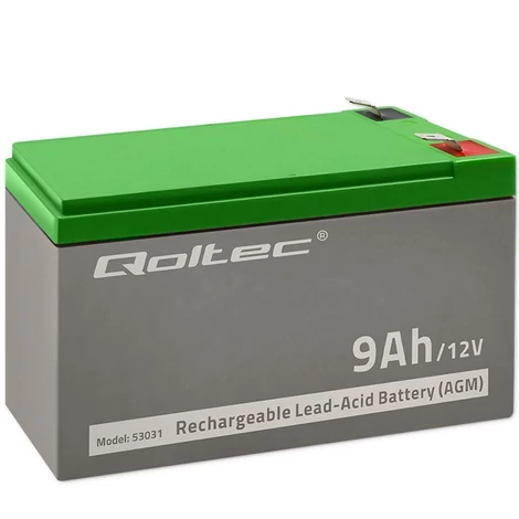 Qoltec 12V 9Ah AGM akkumulátor szürke és zöld színben