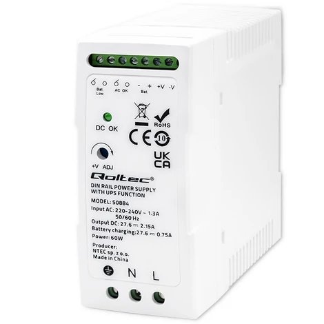 Qoltec 60W DIN sínre szerelhető tápegység UPS funkcióval