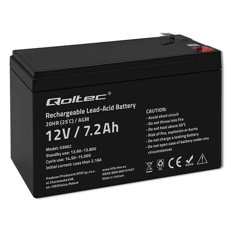 Qoltec 12V 7.2Ah AGM akkumulátor karbantartásmentes