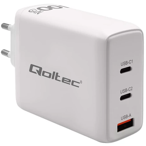 Qoltec GaN 100W töltő fehér színben, 3 porttal