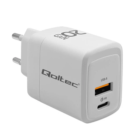 Qoltec GaN 20W fehér töltő USB-C és QC 3.0 porttal
