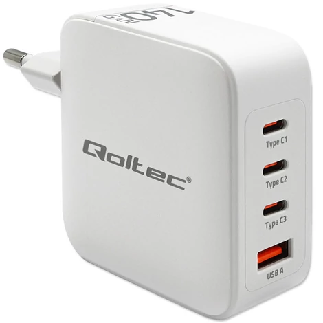 Qoltec GaN 140W töltő fehér színben, 4 porttal