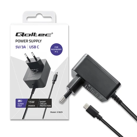 Qoltec 15W PD töltő Raspberry PI 4-hez, fekete színben