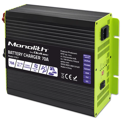 Qoltec Smart Monolith 70A töltő LiFePO4 AGM GEL SLA akkumulátorokhoz