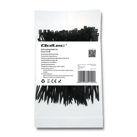Qoltec fekete önzáró kábelkötegelő 2.5*100mm, 100 db