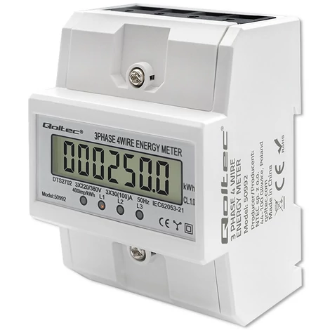Qoltec Háromfázisú elektronikus mérő | DIN sínre szerelhető energiafogyasztás mérő | 400V | 100A | LCD | 4P