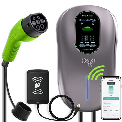 Qoltec EV Töltőállomás 2 az 1-ben Type2 | 22kW | Wi-fi| LCD | RFID | 3 fázis | Wallbox | 5m