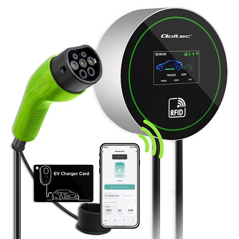 Qoltec EV Töltőállomás 2 az 1-ben Type2 | 22kW | Wi-fi| LCD | RFID | 3 fázis | Wallbox | 5m