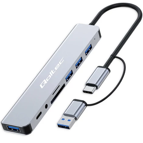 Qoltec Hub Adapter 8 az 1-ben USB-C/USB | USB-C | 4xUSB | SD/TF kártya | JACK 3.5mm TRRS