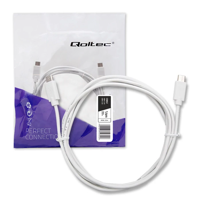 Qoltec USB 2.0 kábel C típusú apa | USB 2.0 C típusú apa | 1,4m | Fehér