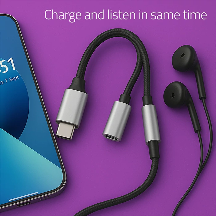 Qoltec Adapter 2 az 1-ben USB-C | USB-C | Jack 3,5mm | PD 15W | 10cm | Alumínium