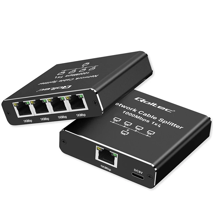 Qoltec Ethernet elosztó mini SWITCH 1x4 RJ45 | 1000Mb/s | USB-C | Alumínium
